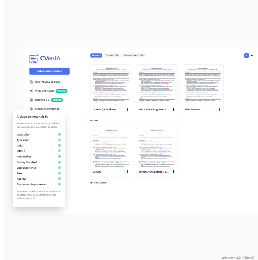 Interface de la plateforme CVenIA montrant le tableau de bord avec les CV et l'analyse de compatibilité